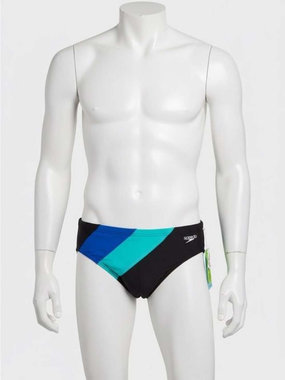 Speedo Men's Diagonal Colorblock Swim Brief in Black, Teal & Blue